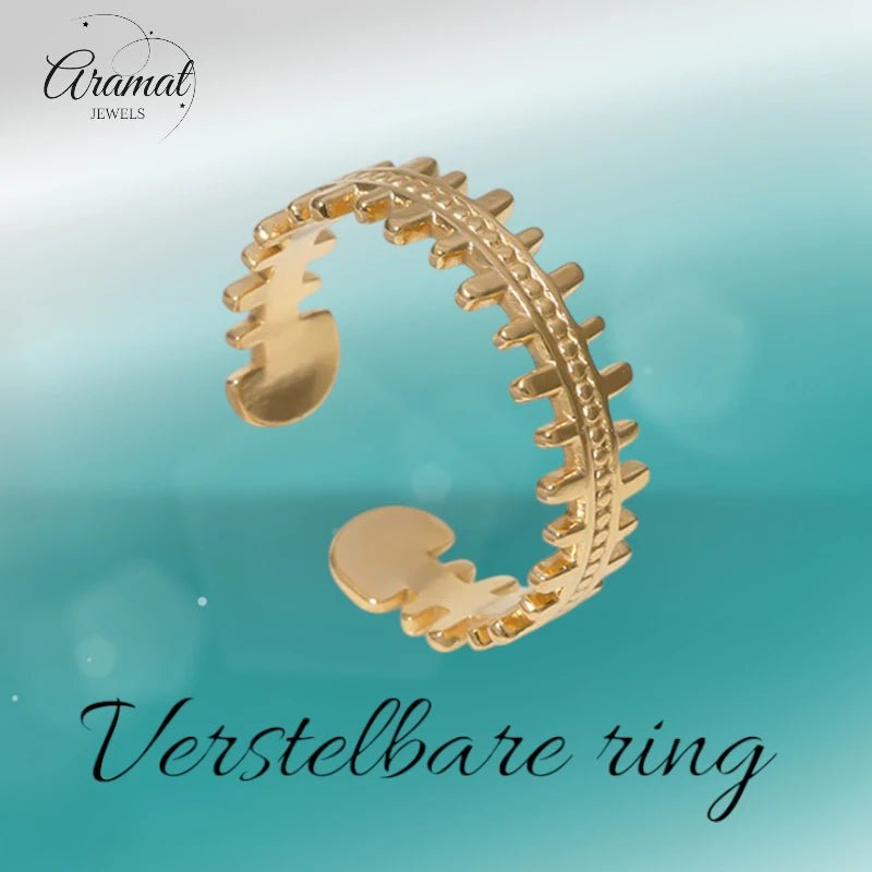 Stalen Verstelbare Open Ring - Streepjes & Dots - One Size - Goudkleur -
