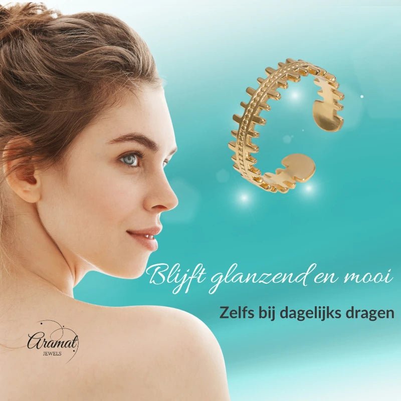 Stalen Verstelbare Open Ring - Streepjes & Dots - One Size - Goudkleur -