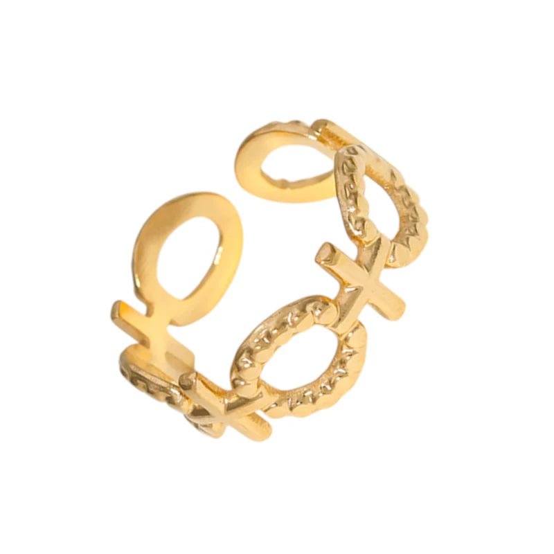 Stalen Verstelbare Open Ring - Schakel Motief & Dots - One Size - Goudkleur -
