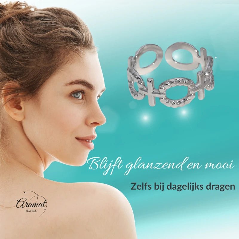 Stalen Verstelbare Open Ring - Schakel Motief & Dots - One Size - Goudkleur -