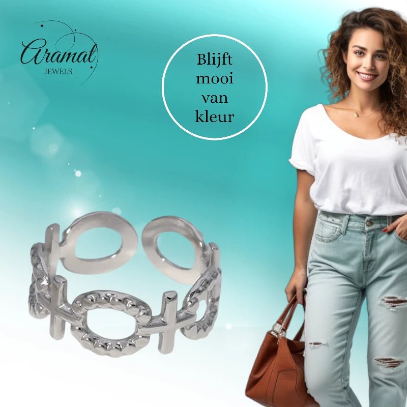 Stalen Verstelbare Open Ring - Schakel Motief & Dots - One Size - Goudkleur -