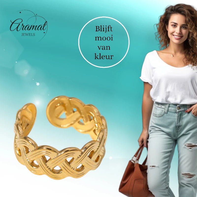 Stalen Verstelbare Open Ring - Vlecht Motief - One Size - Goudkleur -