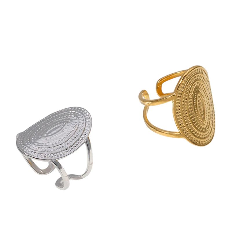 Stalen Verstelbare Open Ring - Bewerkte Ovaal 24mm - One Size - Goudkleur -