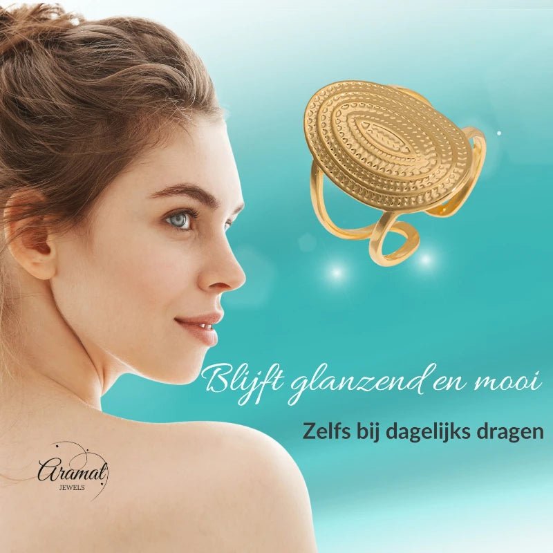 Stalen Verstelbare Open Ring - Bewerkte Ovaal 24mm - One Size - Goudkleur -