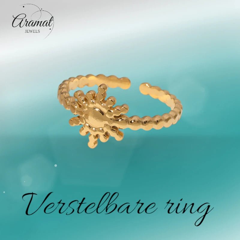 Stalen Verstelbare Open Ring - Zon & Dots - One Size - Goudkleur -