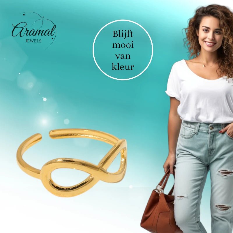 Stalen Verstelbare Open Ring - Infinity Symbool - One Size - Goudkleur -