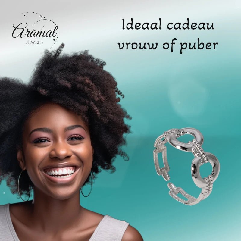 Stalen Verstelbare Open Ring - Streepjes & Cirkels - One Size - Goudkleur -