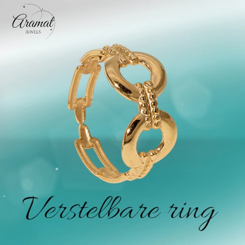 Stalen Verstelbare Open Ring - Streepjes & Cirkels - One Size - Goudkleur -