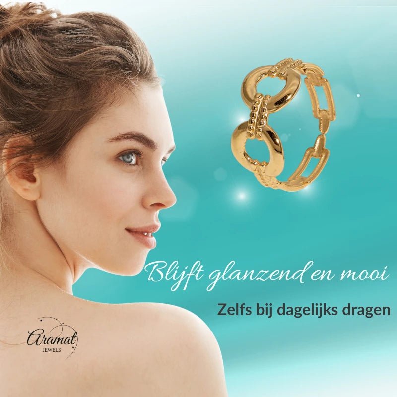 Stalen Verstelbare Open Ring - Streepjes & Cirkels - One Size - Goudkleur -
