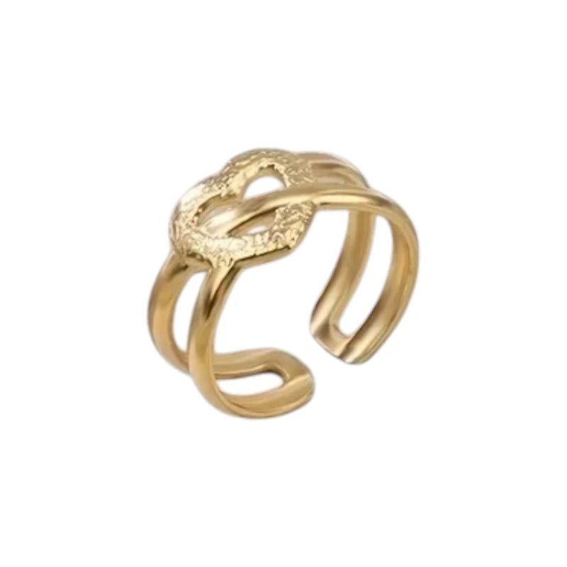 Stalen Verstelbare Open Ring - Bewerkt Hartje - One Size - Goudkleur -