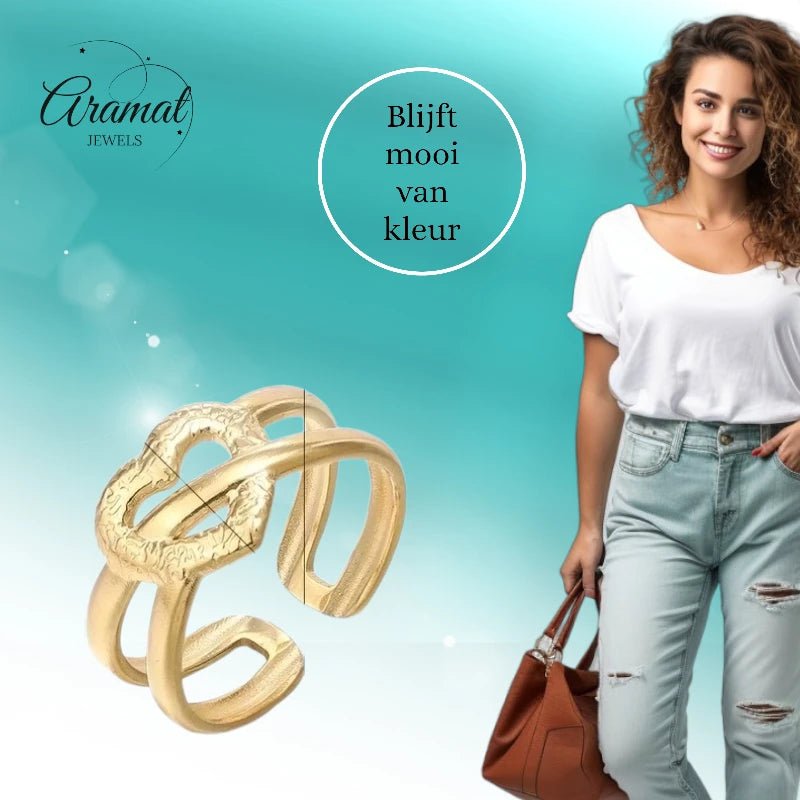 Stalen Verstelbare Open Ring - Bewerkt Hartje - One Size - Goudkleur -