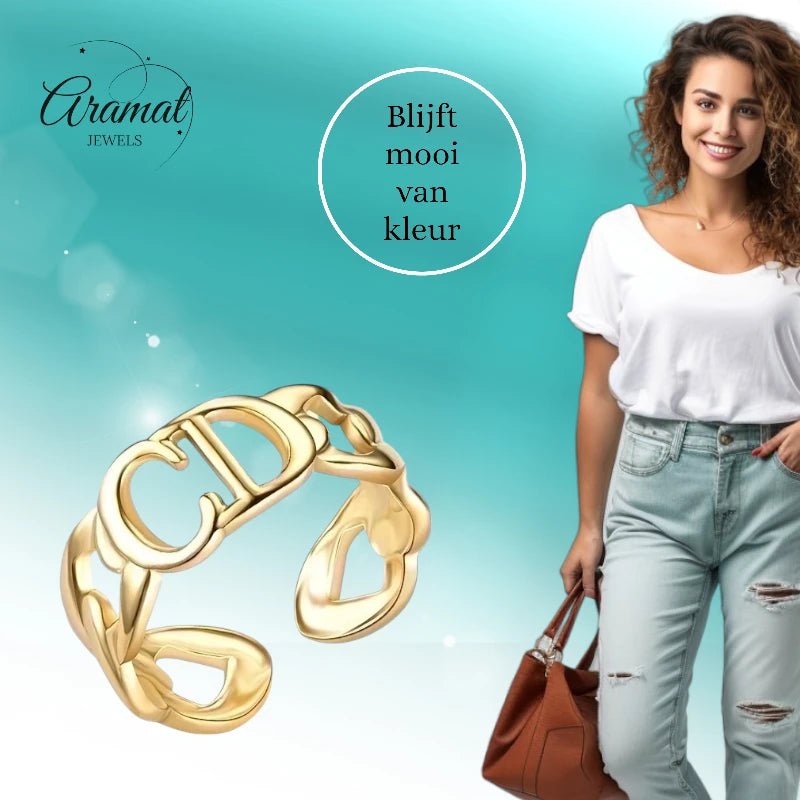 Stalen Verstelbare Open Ring - CD & Schakels - One Size - Goudkleur -