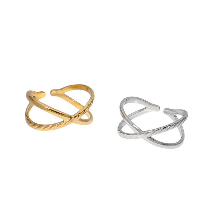 Stalen Verstelbare Open Ring - Glad & Gestreept - One Size - Goudkleur -