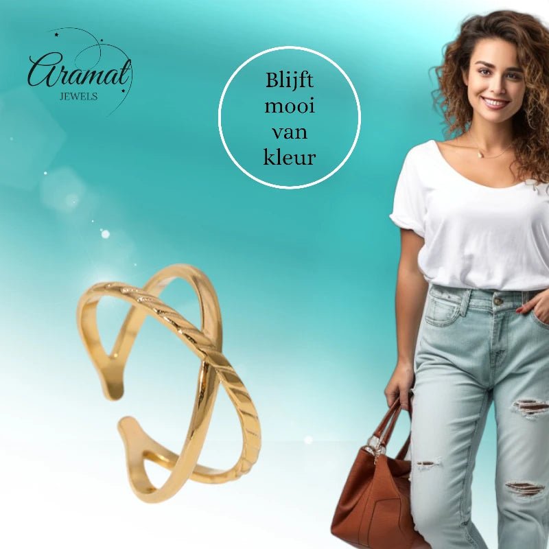 Stalen Verstelbare Open Ring - Glad & Gestreept - One Size - Goudkleur -
