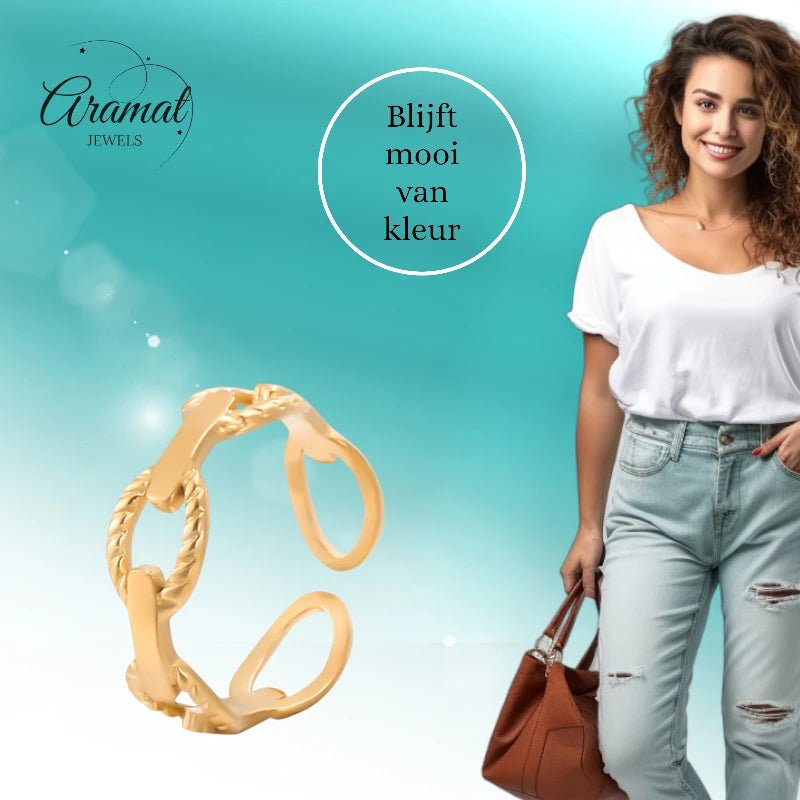 Stalen Verstelbare Open Schakel Ring - One Size - RVS - Goudkleur -