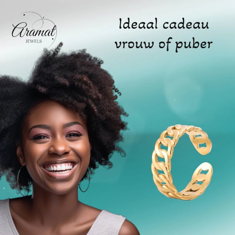 Stalen Verstelbare Schakel Ring - One Size - RVS - Goudkleur -
