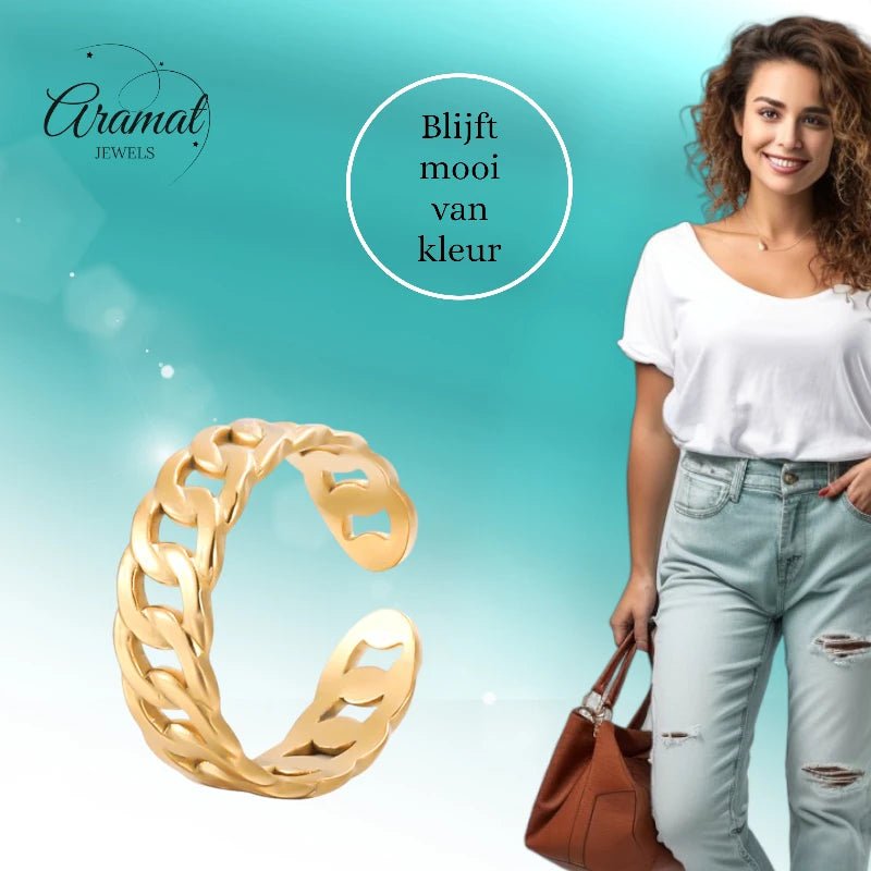 Stalen Verstelbare Schakel Ring - One Size - RVS - Goudkleur -