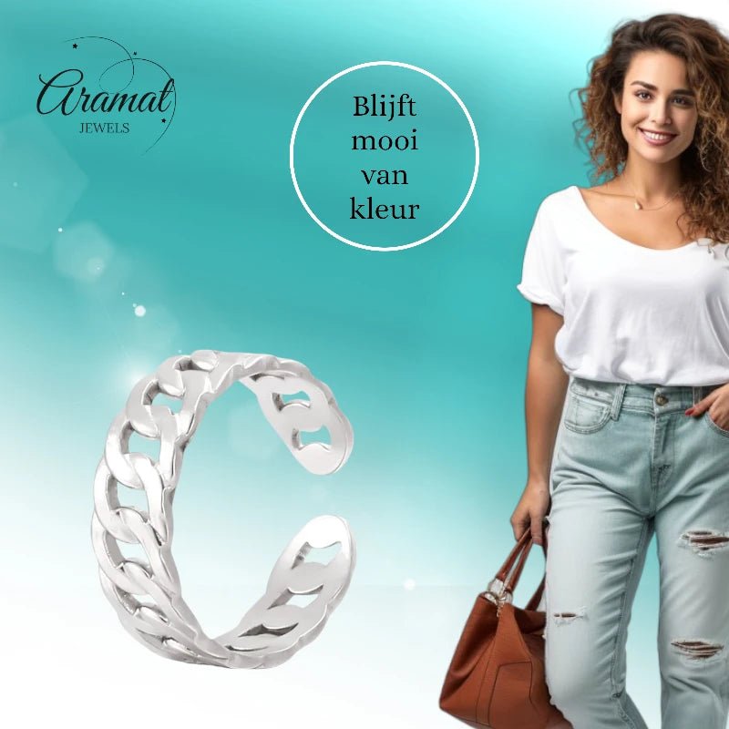 Stalen Verstelbare Schakel Ring - One Size - RVS - Goudkleur -