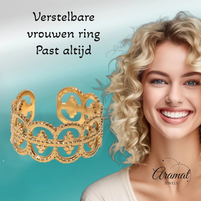 Stalen Verstelbare Ring - Polka Dot - 10mm Breed - Goudkleur -