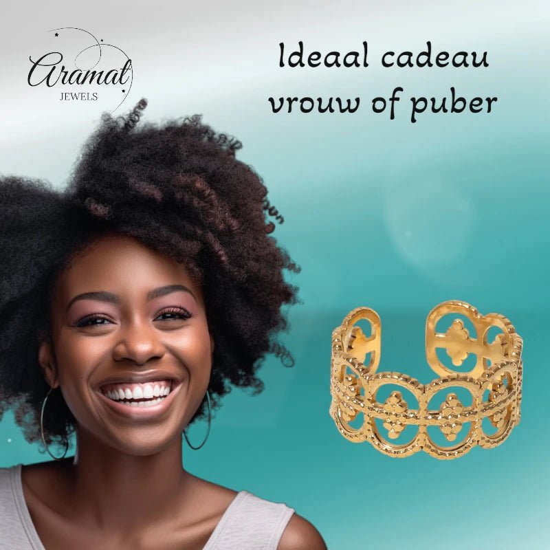 Stalen Verstelbare Ring - Polka Dot - 10mm Breed - Goudkleur -