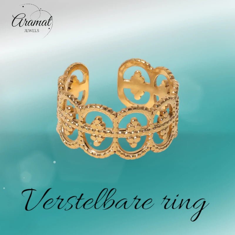 Stalen Verstelbare Ring - Polka Dot - 10mm Breed - Goudkleur -
