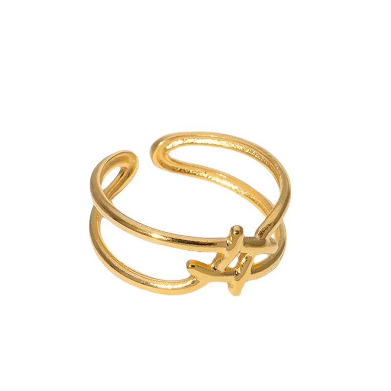 Verstelbare Ring - Vierkant met Lijnen - One Size - Goudkleur -