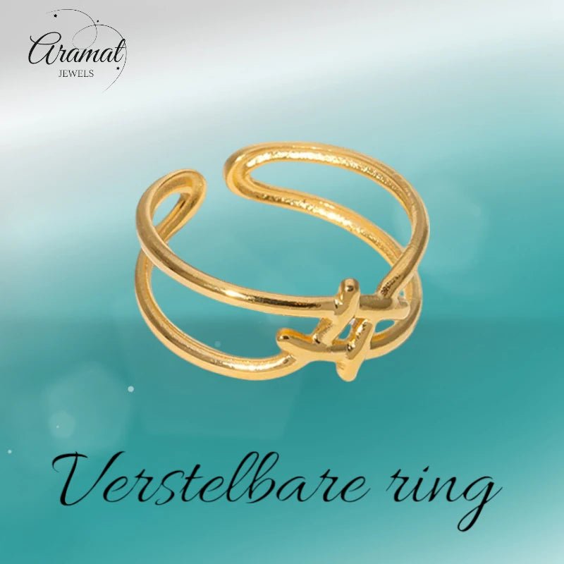 Verstelbare Ring - Vierkant met Lijnen - One Size - Goudkleur -