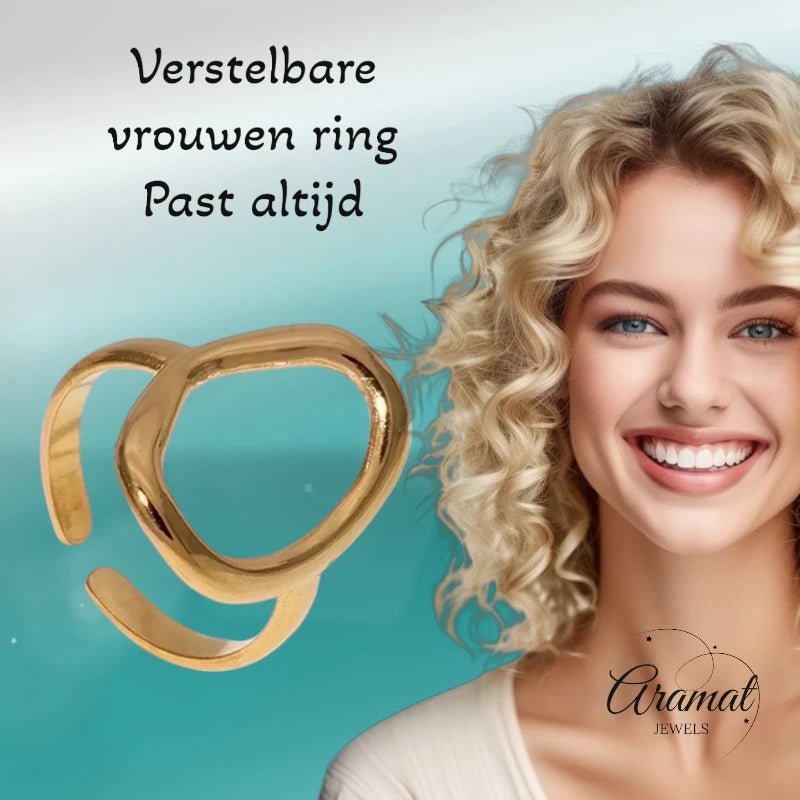 Stalen Verstelbare Ring - Ovale Cirkel - One Size - Goudkleur -