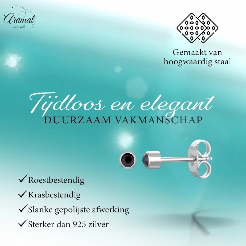 RVS Kristallen Oorbellen Zwart 3mm - Kleine Zwarte Oorstekers -