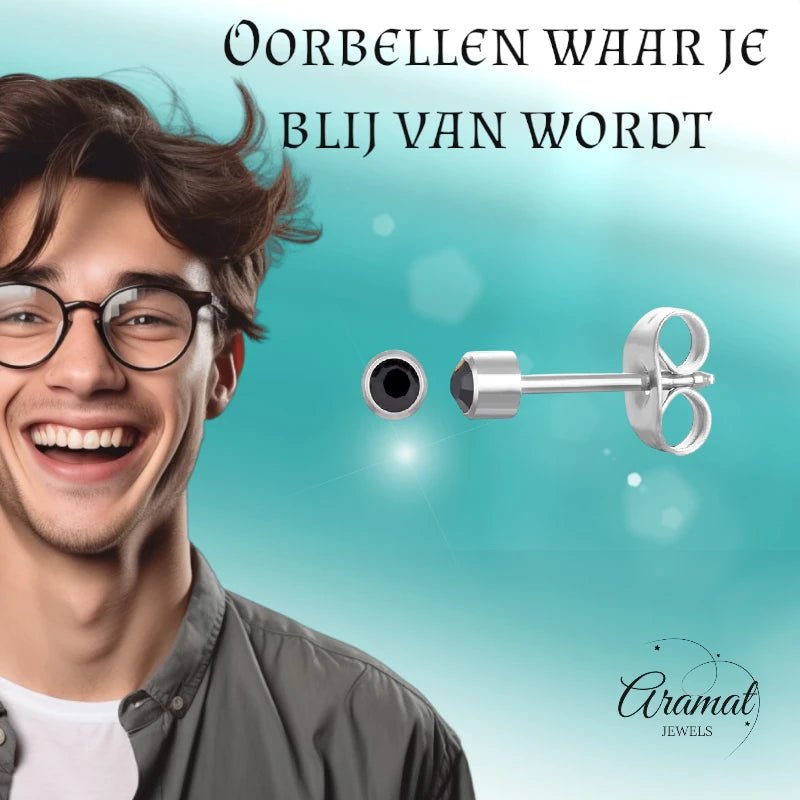 RVS Kristallen Oorbellen Zwart 3mm - Kleine Zwarte Oorstekers -