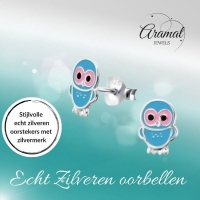 Vrolijke Zilveren Uiltjes Oorbellen - Lichtblauw Emaille -