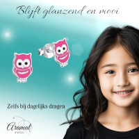 Zilveren Uiltjes Oorbellen - Donker Roze Emaille -