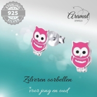 Zilveren Uiltjes Oorbellen - Donker Roze Emaille -