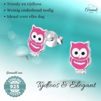 Zilveren Uiltjes Oorbellen - Donker Roze Emaille -