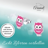 Zilveren Uiltjes Oorbellen - Donker Roze Emaille -