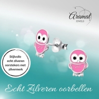 925 Zilveren Uiltjes Oorbellen - Roze Emaille - Cadeautip -