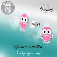 925 Zilveren Uiltjes Oorbellen - Roze Emaille - Cadeautip -