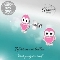 925 Zilveren Uiltjes Oorbellen - Roze Emaille - Cadeautip -