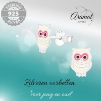 Echt Zilveren Uiltjes Oorbellen - Wit Emaille - Geschenk -