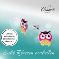 Zilveren Uiltjes Oorbellen - Geel/Roze Emaille - Cadeautip -