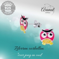 Zilveren Uiltjes Oorbellen - Geel/Roze Emaille - Cadeautip -
