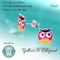 Zilveren Uiltjes Oorbellen - Geel/Roze Emaille - Cadeautip -