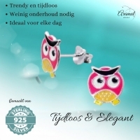 Zilveren Uiltjes Oorbellen - Geel/Roze Emaille - Cadeautip -