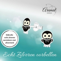 Trendy Zilveren Uiltjes Oorbellen - Zwart Emaille -