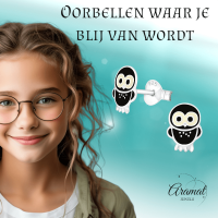 Trendy Zilveren Uiltjes Oorbellen - Zwart Emaille -
