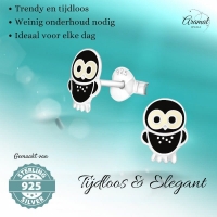 Trendy Zilveren Uiltjes Oorbellen - Zwart Emaille -