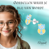 Zilveren Uiltjes Oorbellen - Blauw/Geel Emaille - Unisex