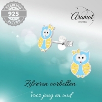 Zilveren Uiltjes Oorbellen - Blauw/Geel Emaille - Unisex