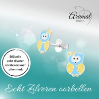Zilveren Uiltjes Oorbellen - Blauw/Geel Emaille - Unisex