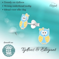 Zilveren Uiltjes Oorbellen - Blauw/Geel Emaille - Unisex
